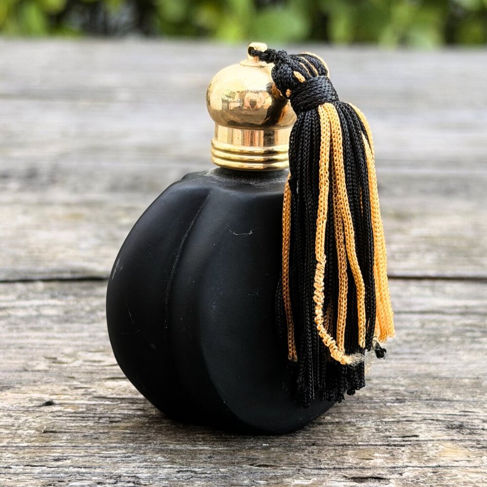 Vintage Matte Satin Black Glass Perfume Bottle w/ Dropper and Tassel Art Deco